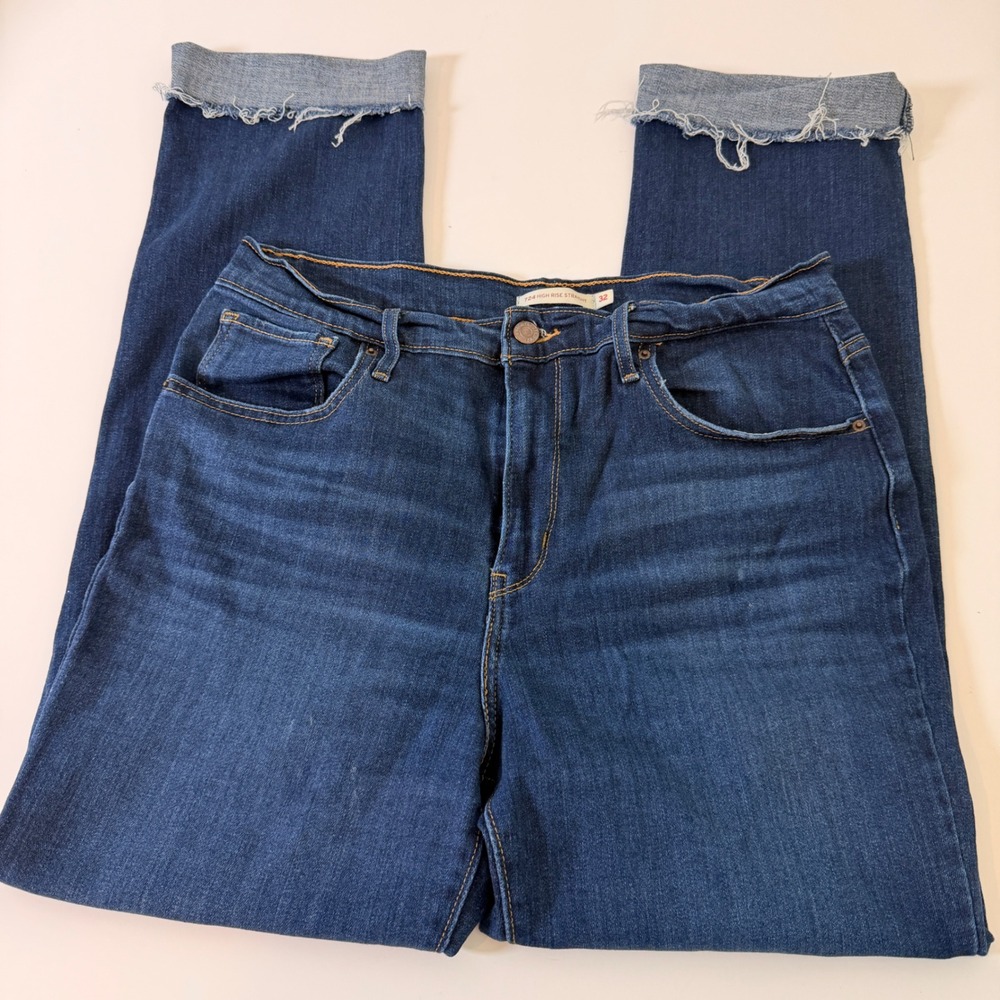 Levis 724 High Rise Straight Jeans Dark Wash Frayed Hem Blue Denim Womens 32